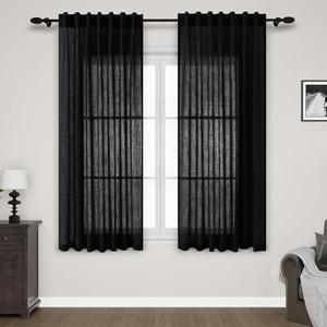 Nanspring Black Linen Curtains 63 inches Long for Bedroom Back Tab Sheer Black Curtains Modern Farmhouse Coastal Decor Cotton Textured Gauze Curtain for Bathroom 2 Panel Set 52x63
