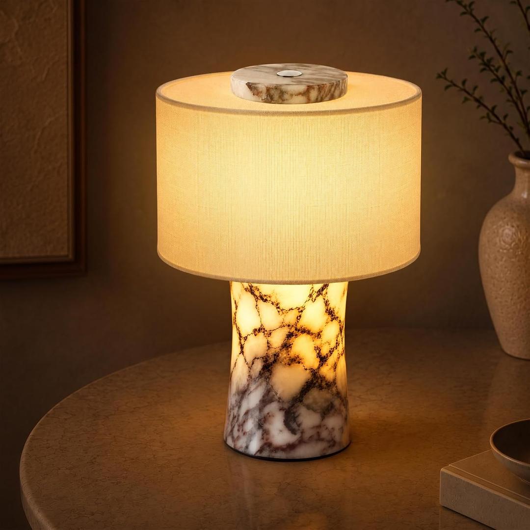 Marble Lamp Cordless, Rechargeable Marble Touch Lamp with 3 Color, Linen Lampshade Stepless Dimming, Luxury Natural Calacatta Viola Stone Table Lamp for Bedroom, Living Room & Office(Dual Light)9.84"
