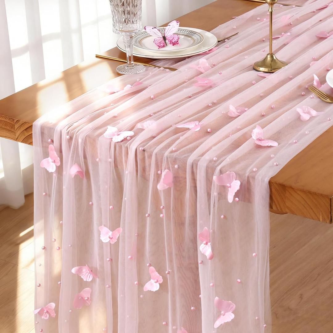 3pcs Pearl Pink Gauze Table Runner with 3D Butterfly 120in 10FT Seasonal Sheer Tulle Table Runners Mesh Lace Fabric Runner for Wedding Baby Shower Party Holiday Dining Table Decor DIY Craft