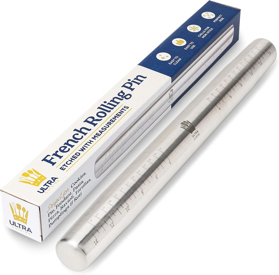 Ultra Cuisine French Rolling Pin for Baking  Tapered Stainless Steel Design with Measurements, Professional or Home Use with Pizza, Cookie, & Pastry Dough, or Fondant and Pie Crust  Dishwasher-Safe