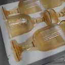 Vintage Wine Glasses Set of 6, 11 Ounces Colored Glass Water Goblets, Colorful Unique Embossed Pattern High Clear Stemmed Glassware Wedding Party Bar Glass Drinking Cups Vertical Line Gold Amber