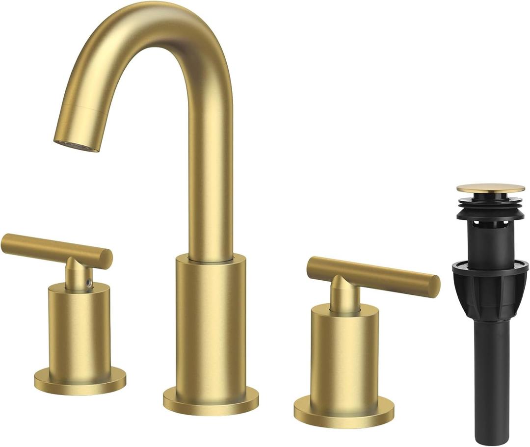 TRUSTMI Brushed Gold Bathroom Faucet 3 Hole Widespread 2-Handle 8 Inch Brass Bathroom Sink Faucet with Overflow Pop Up Drain and cUPC Waterlines