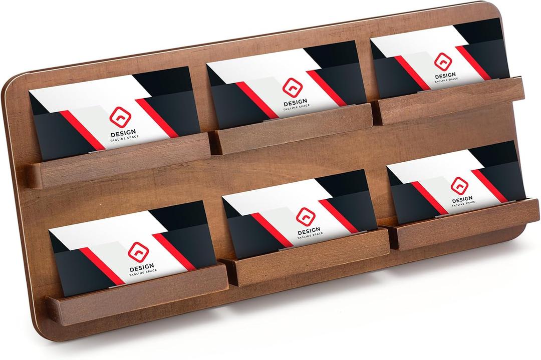 Leinuosen 2 Tie Wood Business Card Holder for Desk 6 Slot Multiple Business Card Organizer Desktop Cards Display Stand Storage Detachable for Office Exhibition Meeting Home Men Women, 13 x 6.3 Inch