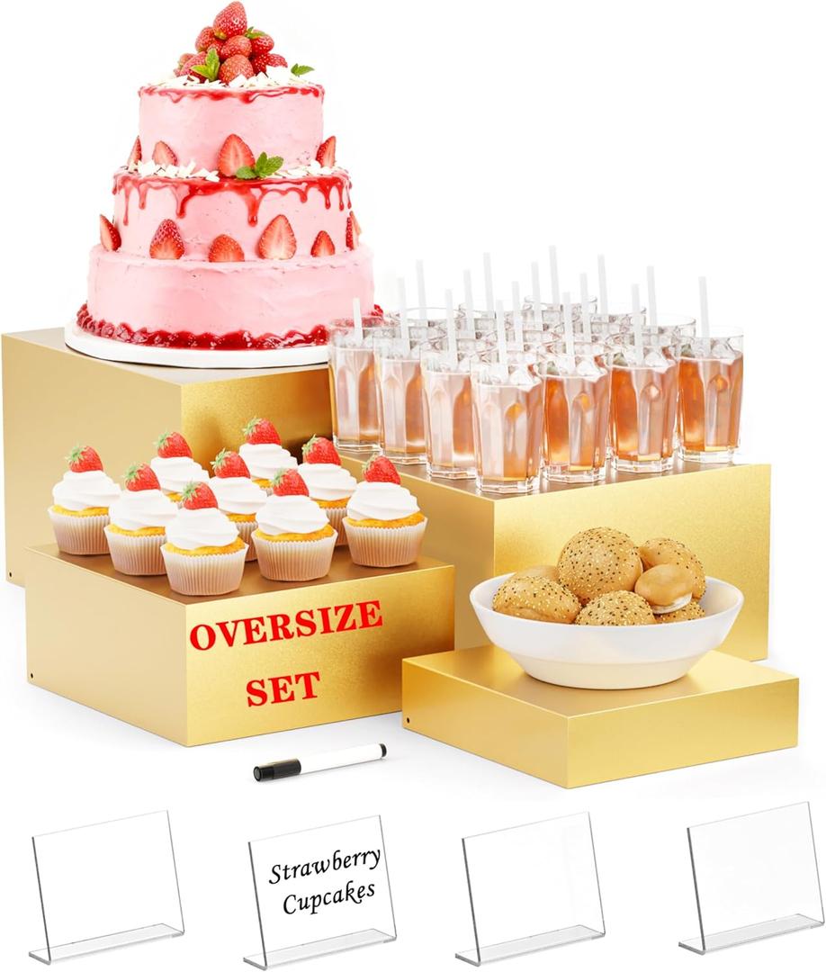 Metal Buffet Risers,4PCS OVERSIZED Food Risers for Buffet Table 8''X9''10''X11'' Display Stand with Mini Acrylic Signs for Catering Dessert Collectibles Jewelry Figures Show Gold Cube Boxes Nesting Risers with Hollow Bottoms