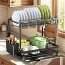 Dish Drying Rack, 2 Tier Space-Saving Dish Rack, Multifunctional Dish Drainer for Kitchen Counter with Drainboard/Utensil/Cup Holder Rustproof Carbon Steel, Black
