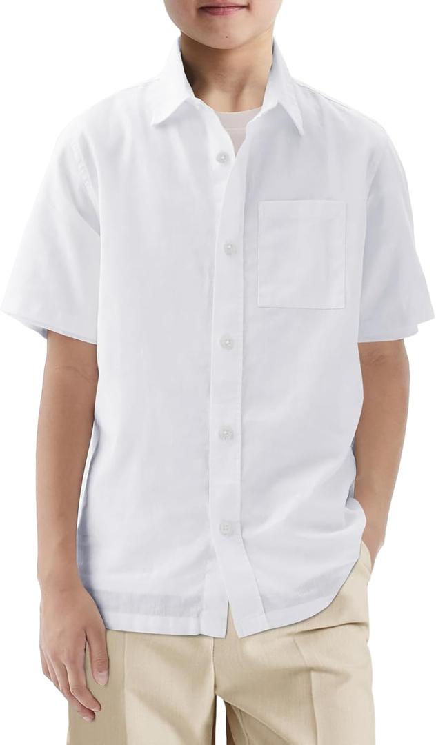 Haloumoning Boys Short Sleeve Button Down Shirt Kids Dress Shirts Formal Uniform Shirt with Pocket 5-14 Years (11-12 Years, White)
