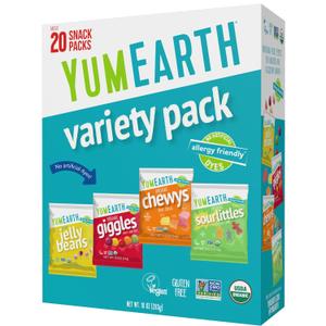 YumEarth Organic Variety Box - Jelly Beans, Giggles, Chewys, Sour Littles - Allergy Friendly (Top 9 Free), No Artificial Dyes, Non GMO, Gluten Free, Vegan -Individually Wrapped (Pack of 20) (EXP 03/05/28)