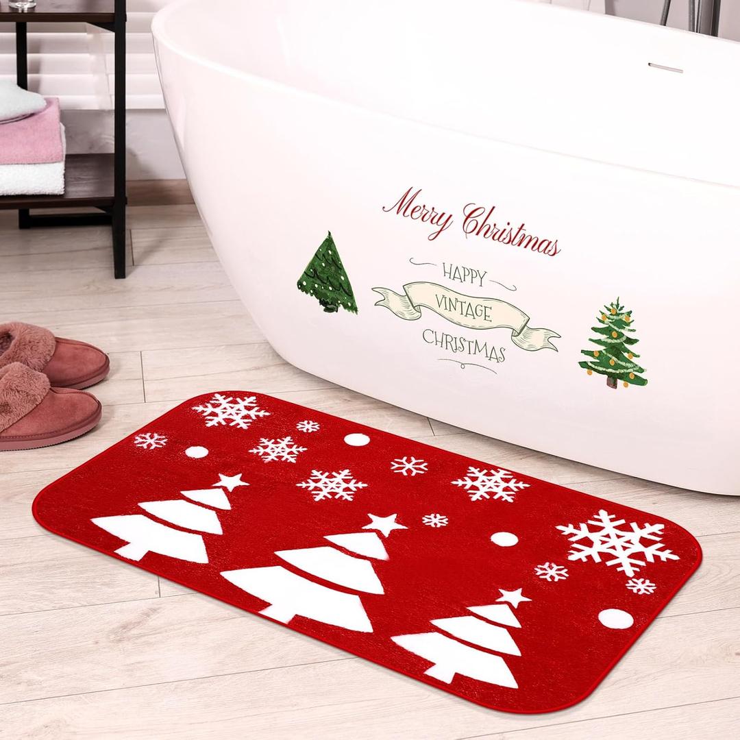 Tinideya Christmas Bathroom Rug 20"x 32" Xmas Bath Mat Red Xmas Bathroom Decor Reindeer Tree Snowflake Bath Mat Non Slip Absorbent Microfiber Washable Soft Holiday Shower Rug(Christmas Tree)