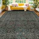 Vintage Dark Green Living Room Rug, 7x10 Washable Area Rugs for Dining Room Under Table, Bedroom, Oriental Low Pile Stain Resistant Non-Slip Thin Soft Carpet