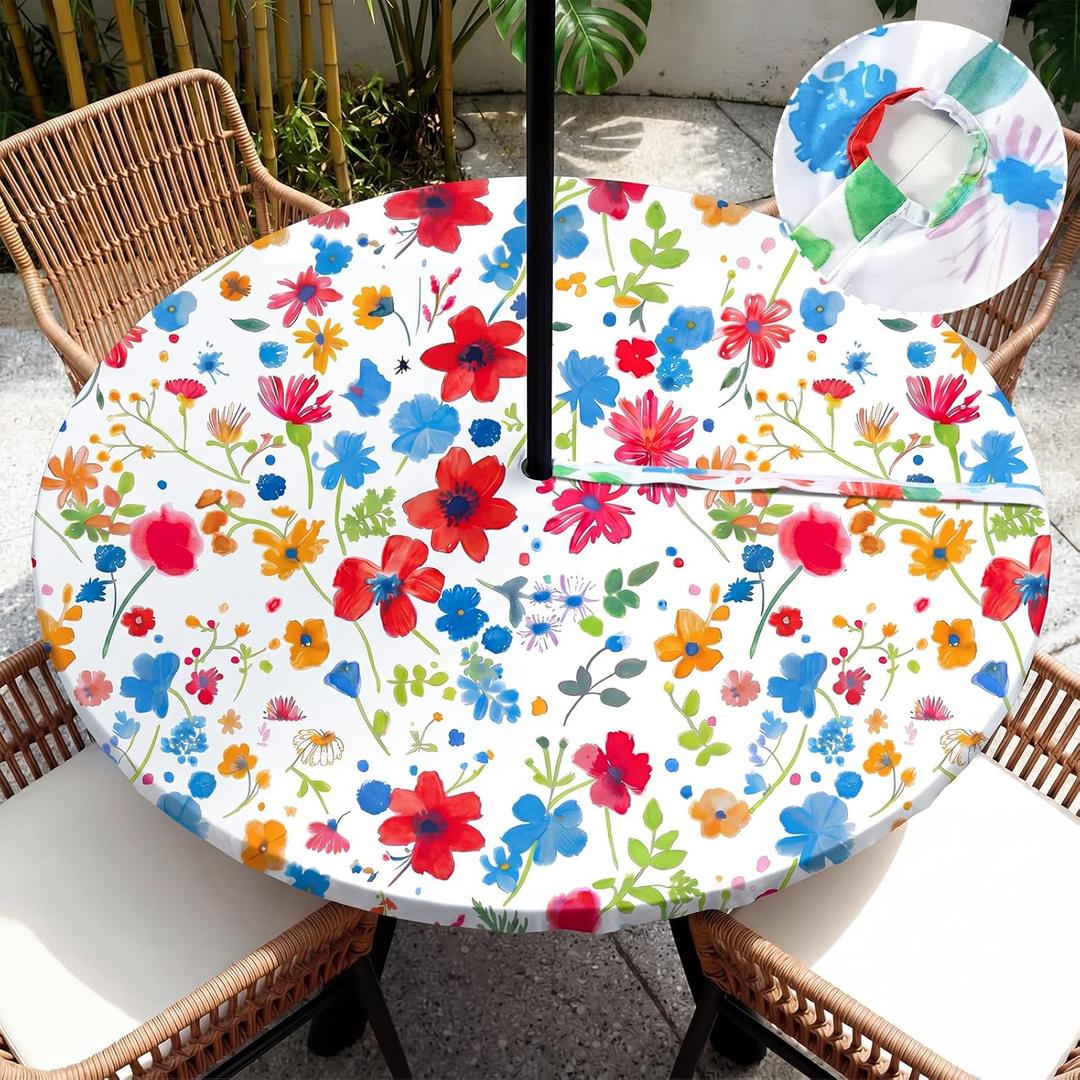 HunnmingRe Wildflower Round Outdoor Tablecloth with Umbrella Hole Zipper Waterproof Anti-Wrinkle Table Cover for Summer Patio Camping Party Car Rv Gardening Gifts Fit to 45"-53" Patio Tables
