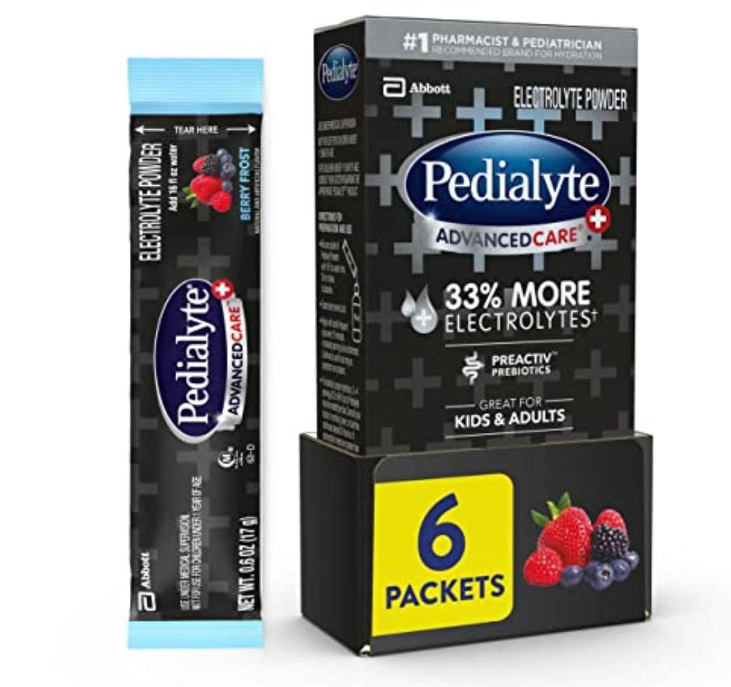 Pack of 2, Pedialyte AdvancedCare Plus Electrolyte Powder, Has 33% More Electrolytes and PreActiv Prebiotics, Berry Frost, 6 Powder Packets, Best By 01Dec2025