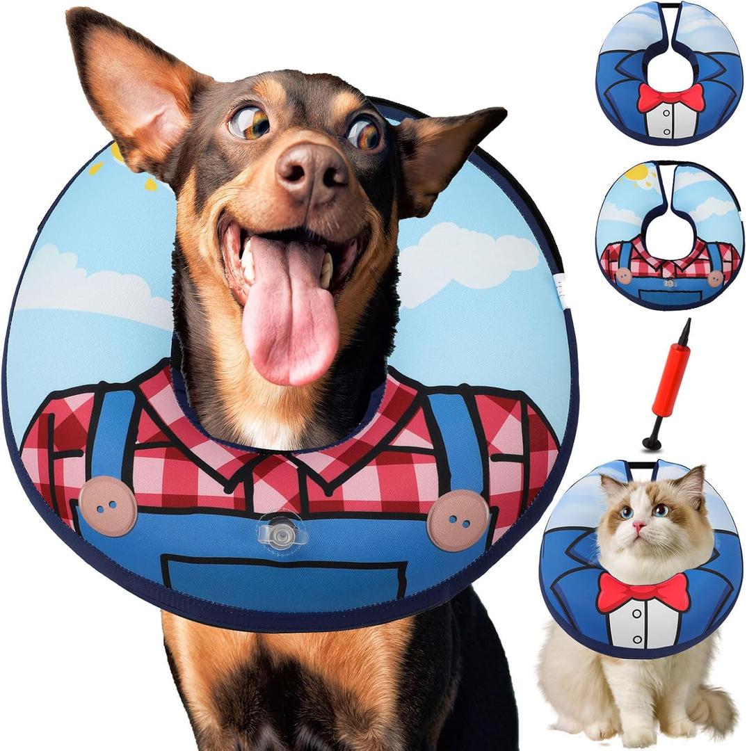 Dog Cone Collar, Adjustable Soft Cat Cone, Comfy Inflatable Pet Collars for After Surgery, Alternative to Cone of Shame, Dual-Sided Pattern Donut Collar for Small Medium Large Dogs, Not Block Vision L