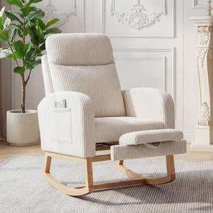 Nursery Rocking Chair, Corduroy Upholstered Rocking Chair with Adjustable Footrest, Tufted Rocker Chair with Side Pocket, Glider Rocker for Living Room, Bedroom, 26.38 in x 30.51 in x 17.32 in