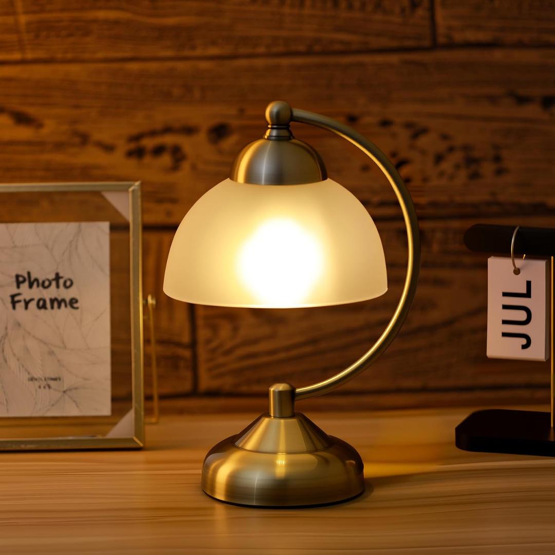 Small Modern Touch Glass Bedside Table Lamp, 7 x 7 x 10 Inch Bronze Base Table Lamp for Bedrooms and Office (White Frosted Glass Shade)