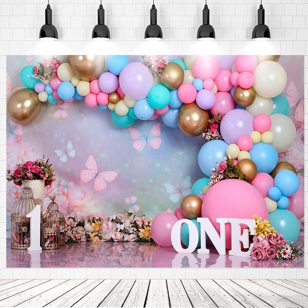 First Birthday Backdrop for Girl - Baby Girl 1st Birthday Cake Smash Decorations Photo Backdrop for 1 Year Old Baby Shower Photo Shoot Props,Vinyl,7x5ft
