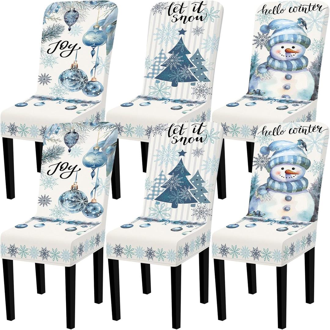 Preboun 6 Pcs Winter Chair Covers Set Removable Washable Stretch Dining Room Slipcovers Parson Chair Protector for Winter Home Ceremony Party Decoration, 3 Style(Classical,White) (Blue)