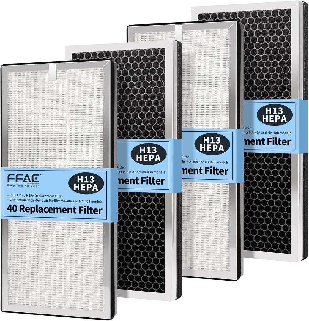 4 Pack MA-40 Replacement Filter Compatible with MA-40 Air Purifiers, 3-in-1 High-Efficiency Filtration System for MA40W MA40B, H13 True HEPA with Pre-Filter