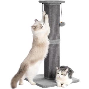 Large Cat Scratching Post with Heavy Duty Base 33" Sturdy Tall Sisal Scracher Post and 2 Interactive Hanging Balls for Big Cats-Grey