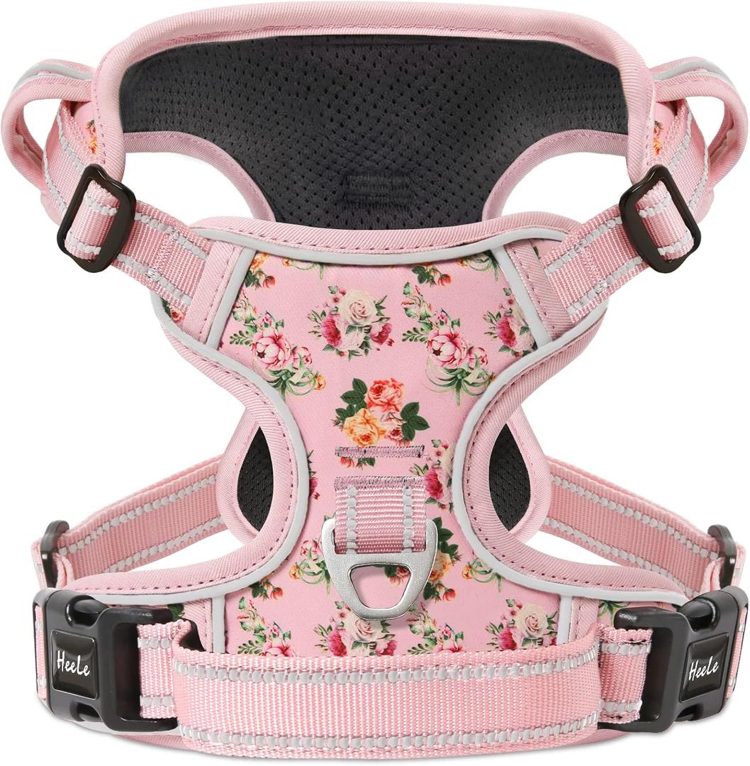 HEELE Dog Harness, No Pull Adjustable Padded Reflective Harness for Dogs with Handle for Walking Training, Flower-Pink, Large