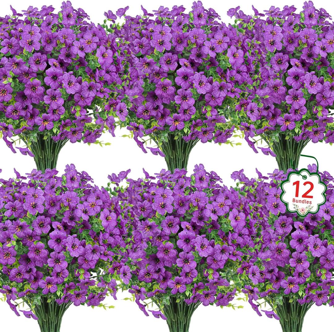 Ouddy Decor 12 Bundles Artificial Flowers for Outdoors Fake Silk Flowers UV Resistant Faux Plastic Plants for Spring Summer Garden Porch Window Box Table Vase Home Indoor Outdoor Decoration, Purple