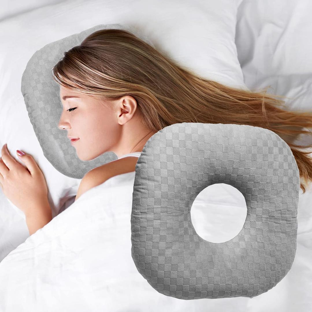 Ear Piercing Pillow for Side Sleepers with an Ear Hole for CNH and Ear Pain Ear Inflammation Pressure Sores, Cotton O-Shaped Side Sleeping Pillow, Ear Guard Pillow (Gray)