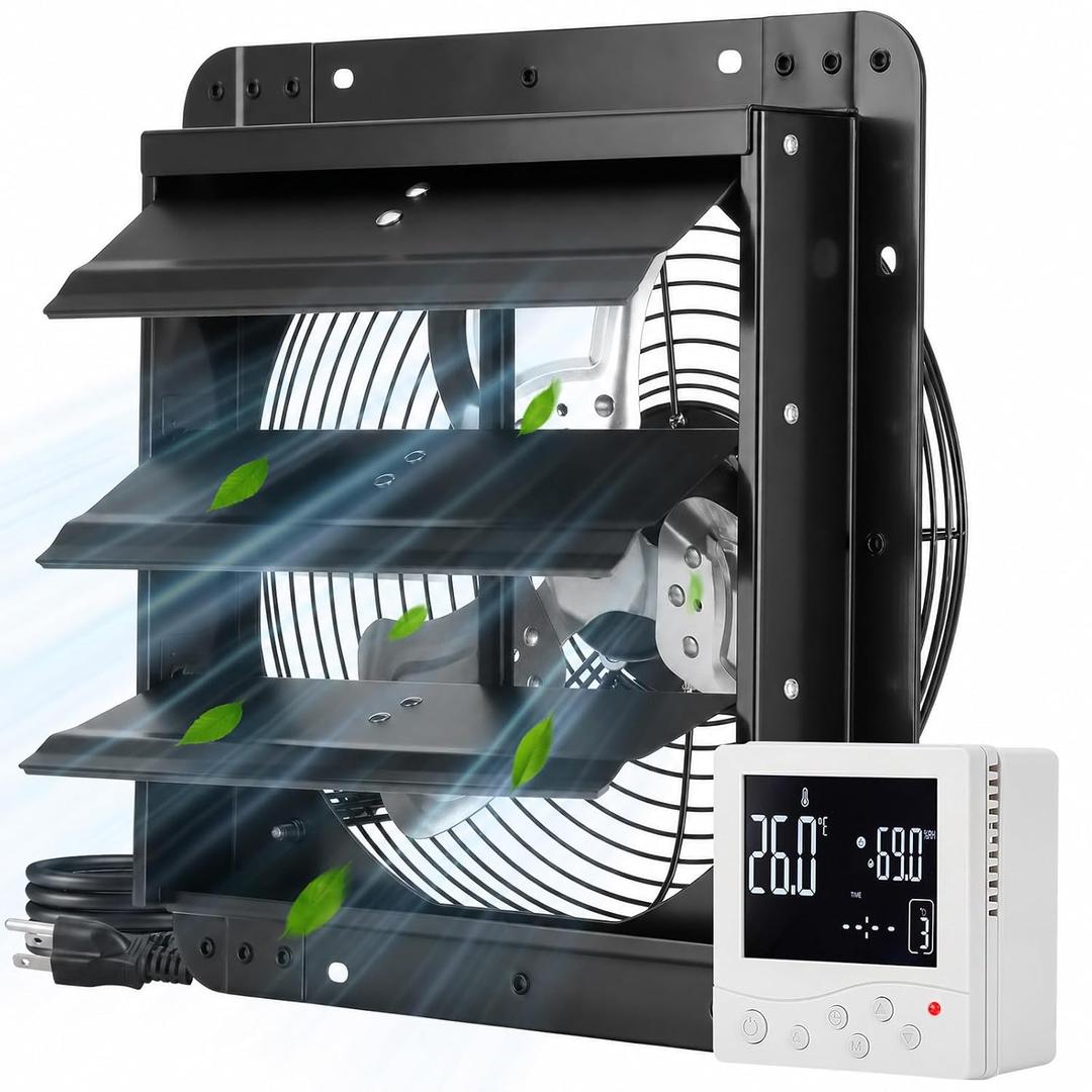 12 Inch Shutter Exhaust Fan with Smart Controller 1200 CFM Wall Mount Attic Fan with 9 Speed EC Motor and Auto Shutter for Greenhouse Garage Workshop