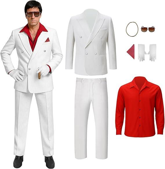 Men White Gangster Suit Costume Shirt Jacket Pants Halloween Cosplay Outfit with Glasses Gloves Necklace XXL Men White Gangster Suit Costume Shirt Jacket Pants Halloween Cosplay Outfit with Glasses Gloves Necklace XXL