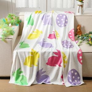 Tingjoo Easter Throw Blanket Double Sided Eggs Bunny Fuzzy Blanket Colorful Easter Soft Flannel Decor for Cute Happy Gift Bed Sofa Couch Chair Home Decor, 60 x 50 Inch(White, Bunny Eggs)
