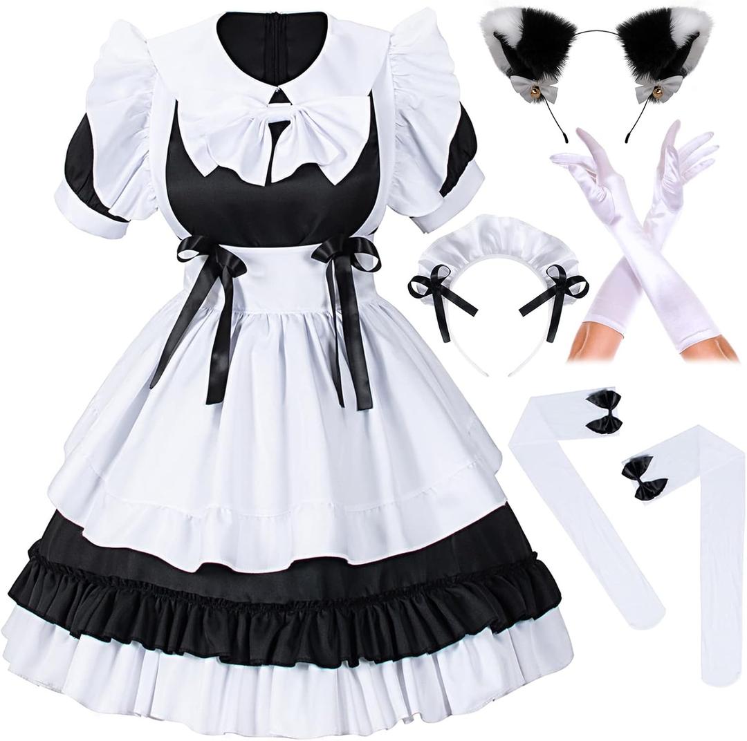 Irtysh Women Sweet Kawaii Costume Dress Anime French Maid Cosplay Furry Cat Ear Gloves Socks set (Large, Black-white)