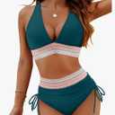 Blooming Jelly Women High Waisted Bikini Sets Tummy Control Swimsuits Color Block Two Piece Drawstring Bathing Suit, M, Navy Blue