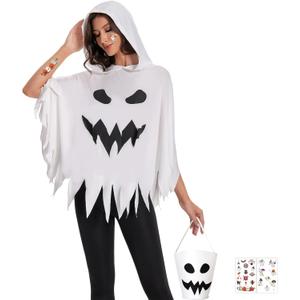 4PCS Halloween Costumes for Women Adult Spooky Ghost Face Poncho with Candy Bag Temporary Ghost Sticker for Halloween Cosplay Costume Outfit