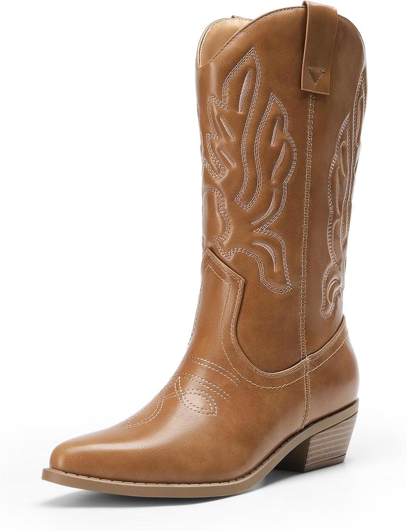 DREAM PAIRS Women's Cowboy Boots Mid Calf Cowgirl Boots Embroidery Stitched Western Boots, Size 8, Tan