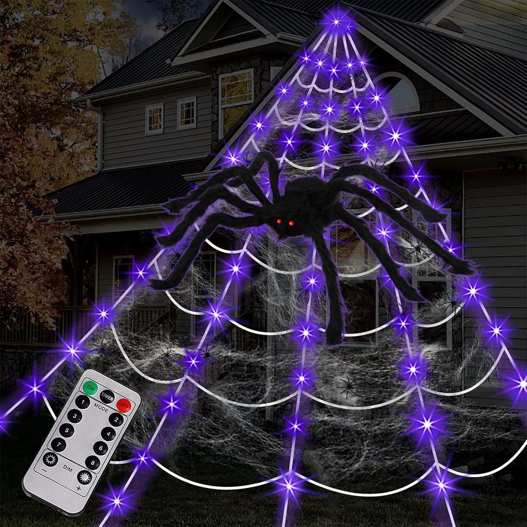 Spider Web Halloween Decorations Outdoor Lights, 125 Purple LED Light Up 16.4Ft Giant Spiderweb & 6.5Ft Large Spider & 22 Small Spiders & 20g Stretch Cobweb, 8 Modes Lighted Decor for Yard Outside