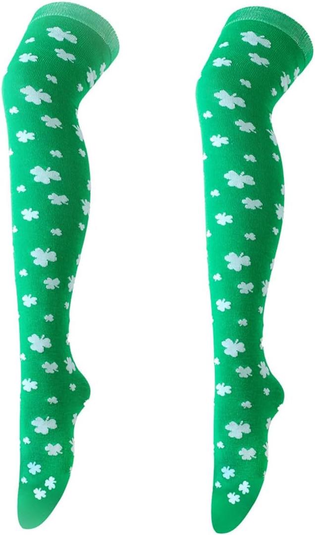 Striped Leg Warmer Women Girls Knee High Socks Tights (Green With Clover)