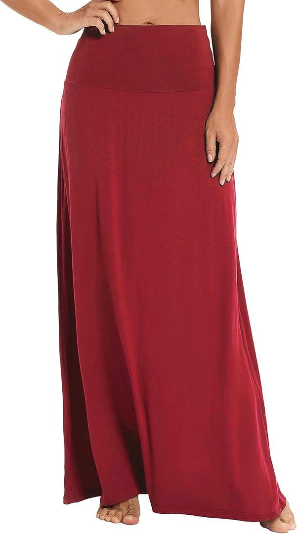 Women's Boho Flod Over Long Maxi Skirt Elastic High Waisted Long Skirts for Women (Medium, Wine Red)