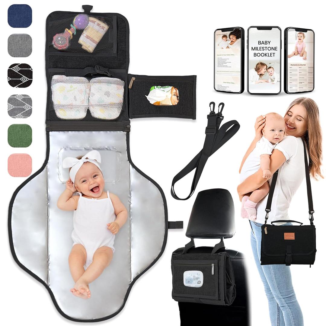 Portable Changing Pad for Newborns, Travel Diaper Changing Pad - Waterproof, Foldable & Detachable Diaper Changing Station for Baby Registry Search (Black)