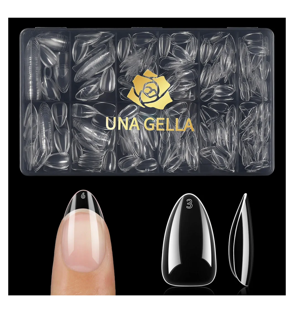 UNA GELLA Short Almond Nail Tips, 504PCS Long Lasting Short Almond Soft Gel Full Cover Nails Tips False Nails Clear Acrylic Gelly Tips for Acrylic Nail Extensions Press On Nails, 12 Sizes