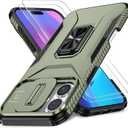Case for iPhone 16 Plus with Slide Camera Cover+Screen Protector(2 Packs), Military Grade Shockproof Protective Cover, Rotated Ring Kickstand(A - Green)
