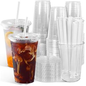 Ginkgo 50-Pack 32oz Clear Plastic Iced Coffee Cups with Lids and Straws, Leak-Proof & Sturdy Disposable To Go Cups for Smoothies, Milkshake, Cold Beverages, Coffee Bar Accessories