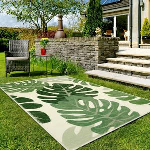 Lukinbox Leaf Indoor Outdoor Area Rugs for Patio, 5x7 Green Washable Living Room Rug Tropical Monstera Plant Non-Slip Bedroom Rugs, Large Accent Area Carpets for Dinning Room Porch