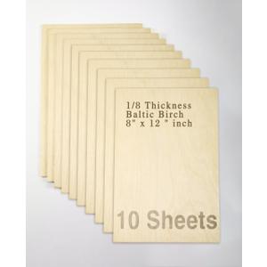 Baltic Birch Plywood - 1/8 Inch Thickness - 8" x 12" Wood Sheets for Laser Cutting, CNC Cutting and Crafts - Pack of 10, by TX liteart