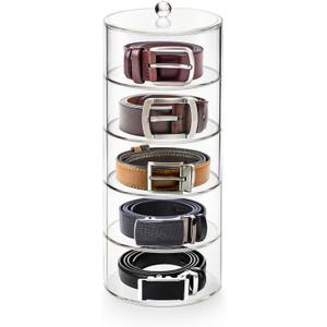 ZENFUN 5 Layers Acrylic Belt Organizer, Stackable Belt Storage Box Clear Display Case Vanity Organizer for Watch, Hair Accessories, Jewelry, Closet and Drawer, 2.6" H x 5.5" Dia