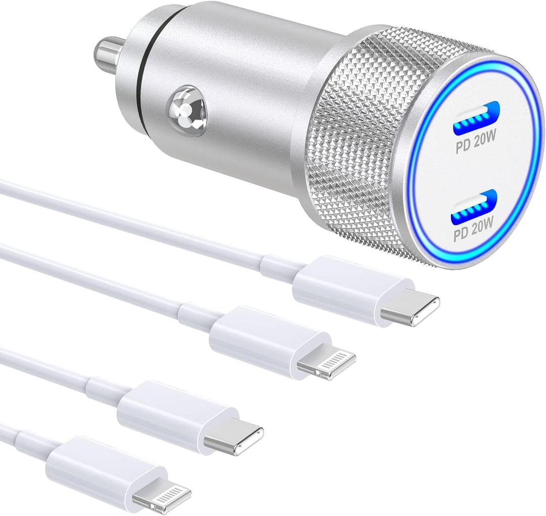 [MFi Certified] iPhone Fast Car Charger, IDiSONCABLE 40W 2-Port PD 3.0 USB C Car Charger All Metal Cigarette Lighter Adapter with 2 Pack Type C to Lightning Cable for iPhone/iPad/Airpods Pro