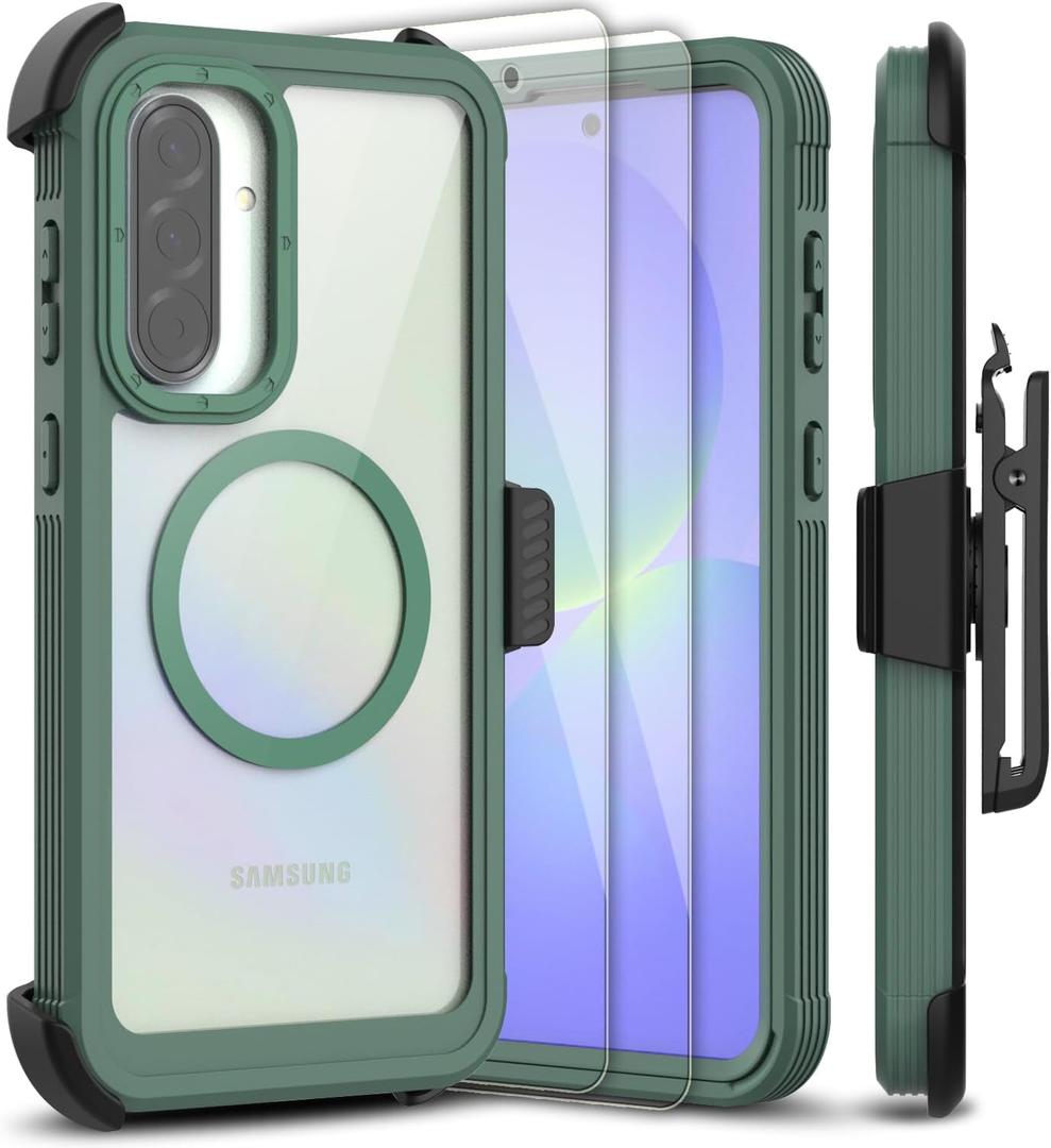 for Samsung Galaxy A36 5G Case, [Transparent & Holster Series] Belt Clip Full Body Shockproof Protective Cell Phone Cover with 2 Pack Tempered Glass Screen Protector (Dark Green/Clear)