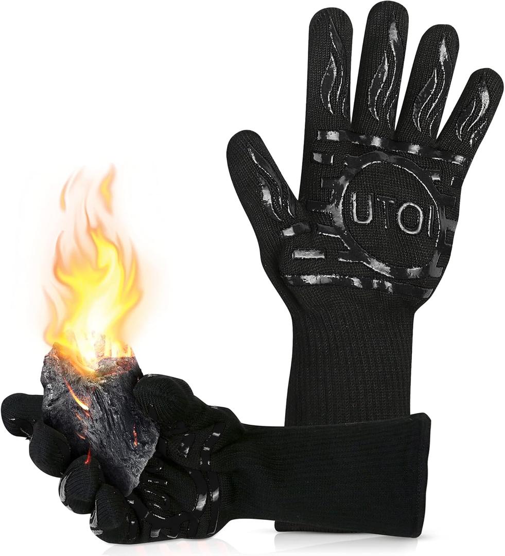 BBQ Grill Gloves, 1472F Heat Resistant Barbecue Gloves Oven Mitts, Silicone Non-Slip Cooking Gloves for Kitchen, Grilling and Baking, EN407 Certified, 13 inch Long, Black, XL Size