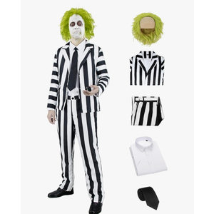 Black and White Costume Suit Men Adult Vertical Strip Jacket Halloween Costumes Scary Movie Character Cosplay Outfit (XL)