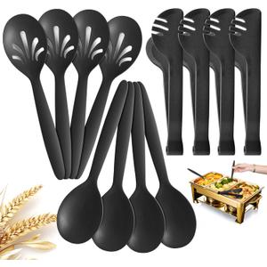 Reusable Plastic Serving Utensils Set of 12, Wheat straw Large Serving set 10" Serving Spoons/10" Slotted Spoons/9.4" Tongs, for Party Buffet Catering (Black, Not for Cooking)