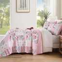 Patchwork Quilt Set King Size, Pink Floral Plaid Bedspread Coverlet Set Boho Rustic Quilt Bed Cover, 3 Piece Soft Microfiber Reversible Pink Grey Bedding Set for Women Girls