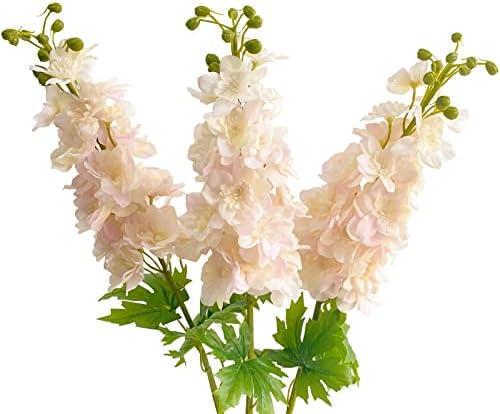 YalzoneMet Light Pink Artificial Delphinium Latex Flower 3 Pcs 31.5 inches Long Stem Fake Larkspur Lifelike Real Touch for Tall Vase Home Table Decor Wedding Arrangement Decoration (X070)