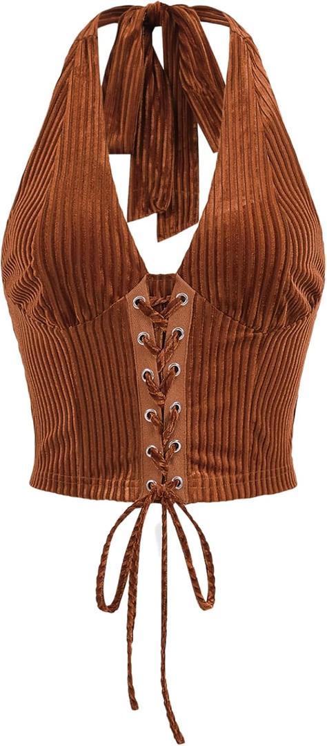 Verdusa Women's Sleeveless Halter Neck Lace Up Front Tie Back Crop Top Rust Brown XS